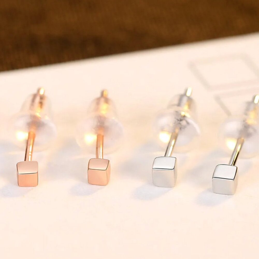 Dainty Cube Stud Earrings in Rose Gold & Silver. 925 Sterling Silver. #1007